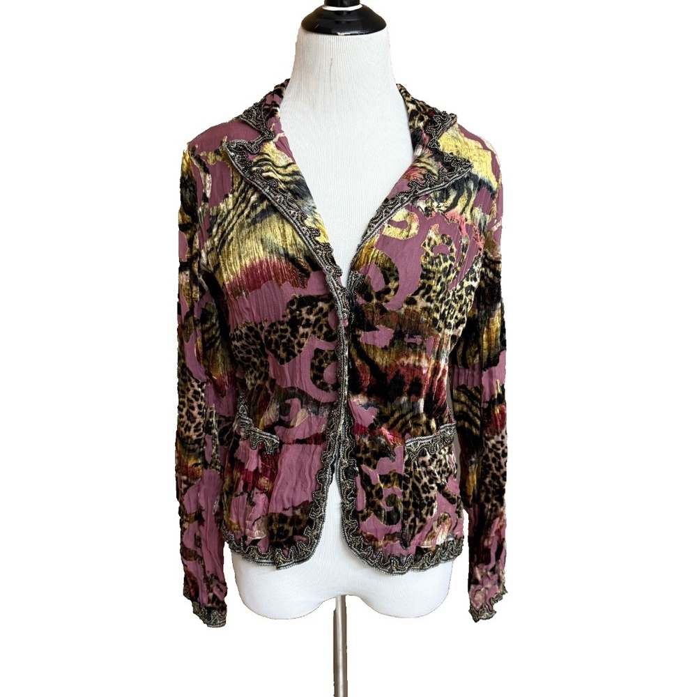 Alberto Makali Women Size M Beaded Velvet Sheer Jacket Mauve Animal Print